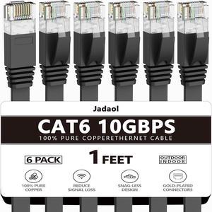 Cat 6 Ethernet Cable 1 Ft (6Pack), Outdoor&Indoor, 10Gbps Support Cat 7 Network, Heavy Duty Flat Internet LAN Patch Cord, High Speed Weatherproof Cable for Router, Modem, Xbox, PS4, Switch, Black