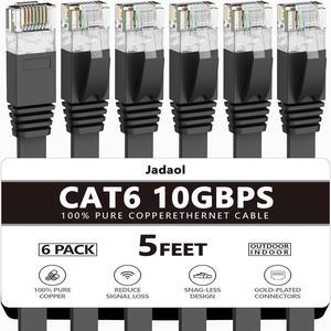 Cat 6 Ethernet Cable 5 Ft (6Pack), Outdoor&Indoor, 10Gbps Support Cat 7 Network, Heavy Duty Flat Internet LAN Patch Cord, High Speed Weatherproof Cable for Router, Modem, Xbox, PS4, Switch, Black