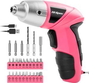 Hi-Spec 27 Piece Pink 3.6V Electric Cordless Screwdriver & Bit Set, Lightweight Drywall Screw Gun, Easy to Use with Rechargeable Battery for Home & Office Tasks