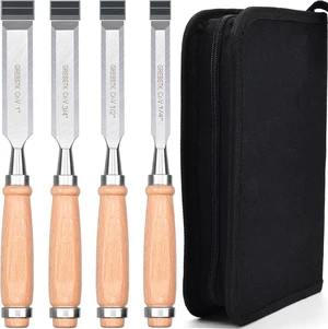 GREBSTK 9.5in Wood Chisel Set for Woodworking, 4pcs Chrome Vanadium Steel Bevel-Edge Bench Chisels with Cap, Comfortable Beech High Impact Handle, with Canvas Bag GREBSTK 9.5in Wood Chisel Set for Woodworking, 4pcs Chrome Vanadium Steel Bevel-Edge Bench Chisels with Cap, Comfortable Beech High Impact Handle, with Canvas Bag