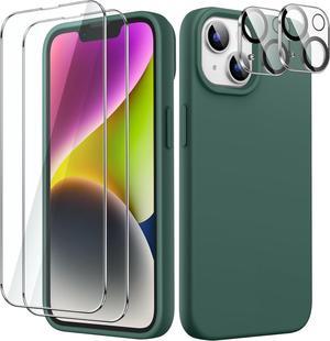 JETech 5 in 1 Silicone Case for iPhone 14 6.1-Inch, with 2-Pack Screen Protector and 2-Pack Camera Lens Protector, Full Coverage Tempered Glass Film, Shockproof Phone Cover (Midnight Green)