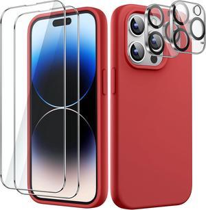 JETech 5 in 1 Silicone Case for iPhone 14 Pro 6.1-Inch, with 2-Pack Screen Protector and 2-Pack Camera Lens Protector, Full Coverage Tempered Glass Film, Shockproof Phone Cover (Red)