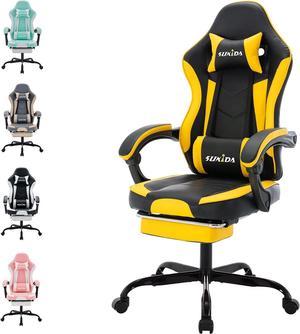 SUKIDA Gamers Choice Gaming Chair - Gaming Chairs for Adults 300lbs, Ergonomic Gamer Gamingchair with Footrest Cool Pc Computer Comfy Leather Swivel Recliner Adjustable Backrest Massage Lumbar Yellow