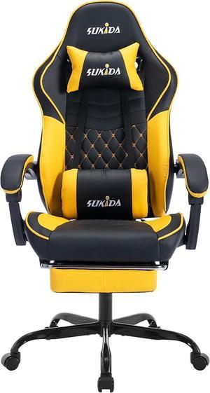 SUKIDA Yellow Gaming Chair Massage - Gamer Chair Adult Gamers Choice Size Cool Big People, PC Video Game Ergonomic Gamingchair with Footrest, Racing Office Computer Reclining Comfortable Recliner