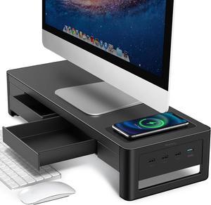 Meatanty 3 In 1 Monitor Stand Riser with 2 Drawers,1 Wireless Charging Module and 4 USB Ports,Metal Computer Stand Support Transfer Data and Charging,Desk Organizer for PC (21 x 7.9 x 4.3 inches)