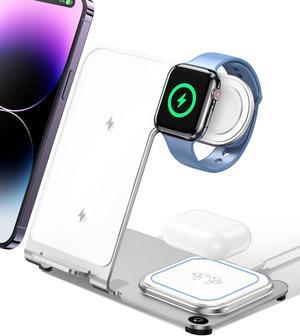 (2024 Upgrade) Intoval Metal Charging Station, 3 in 1 Wireless Charger for iPhone 16/15/14/13/12/11/XS/XR/XS/X/8, iWatch 10/9/8/Ultra/7/6/SE/5/4/3/2, Airpods Pro2/Pro/4/3/2/1 (Y9,Silver)