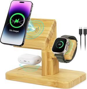 3 in 1 Wireless Charging Station for Apple Devices, CAIROCK Fast 20W Magnetic Bamboo Charger Stand Dock for iPhone 15/14/13/12 Pro/Max/Plus, for Apple Watch 8/7/6/5/4/3/2/SE, for Airpods Pro/2/3