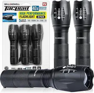 TacLight 3 Pk Tactical Flashlights High Lumens Super Bright Led Flash Lights with SoS Strobe Zoomable Aircraft Grade Heavy Duty Waterproof Battery Powered for Emergencies Power Outage Camping