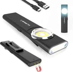 E5 Pocket Flashlight Rechargeable EDC Flashlight Super Slim 4.2x1x0.3inch 600 Lumens USB-C Port IPX4 Dual Light Source with Magnetic Base Hat & Clothes Clip - Black