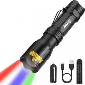ALONEFIRE X004 Multicolor Flashlight Red Light Green Light USB Rechargeable Blue Light Flashlight RGB Color Changing Waterproof with Battery, Charger for Night Observation Astronomy Aviation Tracking