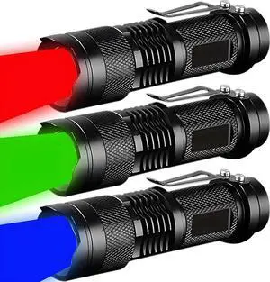 3 Pack Red Green Blue Light Bright Small Flashlights, LED Mini Flashlight High Lumens Pen Light with 3 Modes, Zoomable Torch with Clip, Flash Light for Camping,Outdoor,Emergency