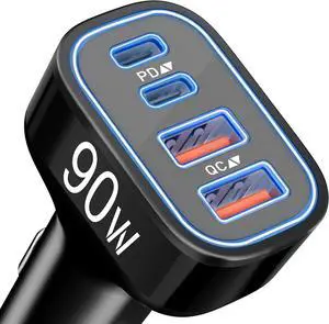 USB C Car Charger 4-Port 90W Super Fast Car Phone Charger Accessories Dual 45W USB-C & USB-A Cargador Carro Adapter Cigarette Lighter for iPhone 16e 16 15 14 13 12  S25 S24 Tablet Android