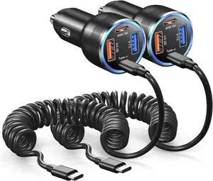 65W Super Fast Type C Car Charger for Samsung Galaxy S25 S24 S23 Ultra, 2Pack 4-Port USB C Car Charger for Samsung A13 A14 A15 A16 A53 A54 S22FE Note 20 Android Car Adapter+5FT Type C Coiled Cable