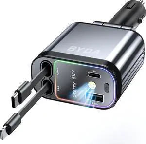4 in 1 Retractable USB C Car Charger 69W with Starry Light Fast Charging for iPhone 16/15/14/13/12 iPad Android Galaxy Pixel Cigarette Lighter Adapter (Lightning+USB-C)