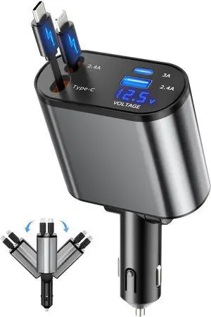 Retractable Car Charger, 4 in 1 Fast Charging Car Charger USB-C & USB-A Compatible with iPhone 16/15/14/13/12/11,Galaxy,Pixel