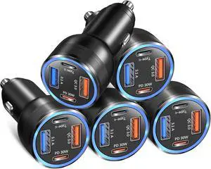Car Charger Adapter 5 Pack 65W Multi Port 12V USB C & USB A Car Charger PD+QC 3.0 Fast Charging Cigarette Lighter USB Adapter Plug for iPhone 16 15 14 13 Pro Max iPad  Android(Black)