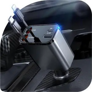 69W Retractable Car Charger 4-in-1 Fast Car Phone Charger with 2.6ft Two Retractable Cables and USB C+USB A Car Charging Block Cube Compatible with iPhone 16 15 14 13 12 Pro Max Plus Galaxy Pixel