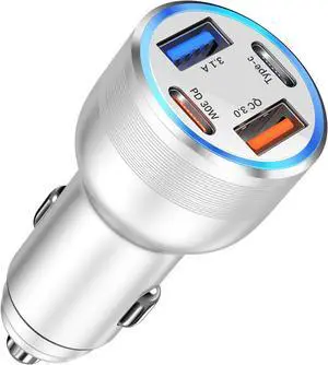 65W USB C Car Charger Adapter, Bangfun 4-Port 12V Dual USB C & USB A Car Phone Charger PD/QC Fast Charging Cigarette Lighter Plug for iPhone 16 15 14 13 12 11 Pro Max Samsung Google Pixel-Silver