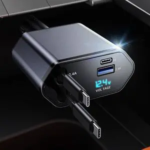 Retractable Car Charger, 4 in 1 Fast Car Phone Charger, Double Type C Retractable Cables and 2 USB Ports Car Charger Adapter Compatible with iPhone 15/14/13/12/11 Pro max, Galaxy, Google Pixel