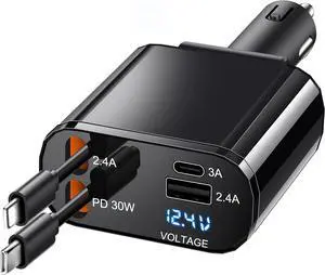 TICCI Retractable Car Charger 66W USB C Retractable with Cables, Car Phone Charger for iPhone 16/15/14 Android, Galaxy, Pixel, Car Accessories Fast Charging for Men Women, Black,