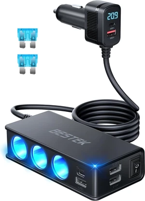 BESTEK 9 in 1 Car Charger Adapter,148W 3-Socket Cigarette Lighter Splitter with PD 30W*1/QC3.0 18W*4 Charging (2.8FT Cable), LED Display Super Fast Charger for 12V/24V BESTEK 9 in 1 Car Charger Adapter,148W 3-Socket Cigarette Lighter Splitter with PD 30W*1/QC3.0 18W*4 Charging (2.8FT Cable), LED Display Super Fast Charger for 12V/24V