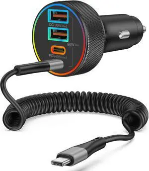 90W 4-Port Super Fast USB C Car Charger and 6FT Coiled Cable for iPhone 16/16e/15 Pro Max/Plus, Samsung Galaxy S25/S24, Pixel, Android, USBC Car Phone Charger Cigarette Lighter Adapter Accessories