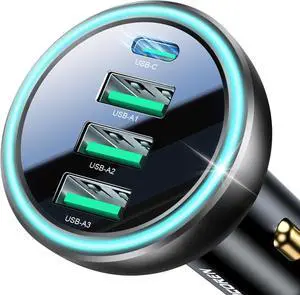 Rocoren 55W 4-Port Car Charger, PD3.0 QC3.0 Super Fast Charging USB C Car Charger for Multiple Devices, Cigarette Lighter Adapter for 17 iPhone 16/15/14 Series, iPad Pro, Samsung S25/S24 Ultra, Pixel
