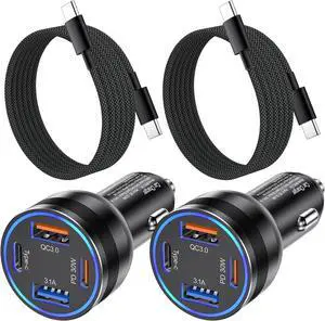 Car Charger USB C 65W 4-Port Fast Charging Car Phone Charger 12v Car Cigarette Lighter USB Adapter & 6FT USB C Braided Cable for iPhone 16e 16 15 Pro Max Plus  GalaxyS25 Pixel9 2Pack