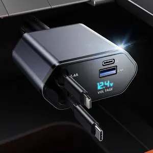 Retractable Car Charger 4 in 1 Fast Car Phone Charger Adapter, Retractable Cables and 2 USB Ports Car Charger Compatible with iPhone 16/15/14/13/12/11 Pro max, Galaxy, Google Pixel