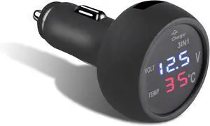 Car USB Charger, 5V 2.1A Fast Charging 3in1 USB Car Charger Adapter, Dual Led Digital Display Built-in Voltmeter Thermometer Universal Car Cigarette Lighter for 12V-24V Cars, SUVs, Trucks (Blue+red)