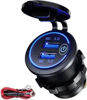 GOBGOD 2 Ports USB Car Charger Socket 12V/24V USB Outlet, 36W Dual Quick Charge 3.0 Dual USB Port with LED & Touch Switch DIY Socket for Cars Boat Marine Bus Truck Golf RV Motorcycle