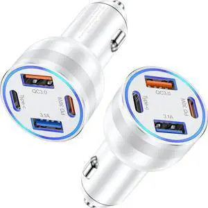 USB C Car Charger 2Pack 4-Port 65W Fast Car Charger Dual USB-C & USB-A Cigarette Lighter Car Power Adapter PD3.0&QC3.0 Fast Charging for iPhone 16 15 14 13 12 Pro Max iPad Galaxy S25 S24 S23