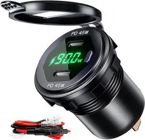 GOBGOD Dual USB C Car Charger Socket 12V/24V USB Outlet, 45W PD Type C Dual USB Port Fast Charger DIY Car s Socket (Green)