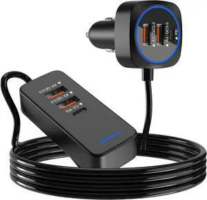 Car USB Charger Multi Port with 5.9FT Extension QC3.0 76W Fast Charging Cigarette Lighter USB C Charger Adapter Multiple Ports for Mobile Phones and ipad