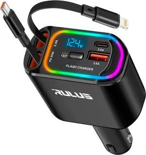 Upgrade 4 in 1 Retractable Charger for Car PD 65W Fast Car Phone Charger with 2 Charging Cables and 2 USB Ports 12-24V Voltage Display for iPhone 16/15/14/ Galaxy/iPad/AirPods