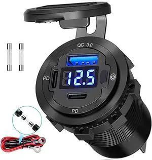 78W Triple-Port 12V USB Outlet with Voltmeter & Switch - Dual PD3.0 & QC3.0 Quick Charge Car Charger Socket Aluminum Alloy Waterproof USB C Port for Car Boat Marine Motorcycle RV Truck ATV Golf Cart
