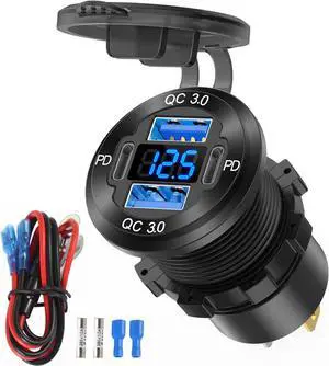 78W 12V USB Outlet 4 Port Car Charger Socket Dual PD USB C and Dual Quick Charge 3.0 Port Aluminum Charger with Voltmeter DIY Kit Waterproof for Car Boat Marine Motorcycle RV ATV Truck Golf Cart etc