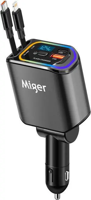 Miger Retractable Car Charger 4 in 1,100W Car Charger USB C with 2 USB Ports Car Phone Chargers Adapter [2025 Updated] for iPhone 16 Cars Chargers Fast Charging for iPhone 16/15/14/13/12/11/Galaxy