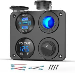 12 Volt USB Outlet RV Accessory 12V Marine Switch Panel, Dual PD30W and QC18W Car USB Port Aluminum Charger, Lighted 150W Cigarette Lighter Socket, Blue LED Voltmeter and Rocker Switch, 4 IN 1 DIY Kit