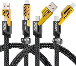 2Pack 4 in 1 Fast Charging Cable Transferring Data 6.65 Ft Braided Cable 65W USB C USB A and IP Multiple Charging Cable for Phone/Pad/More