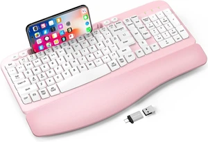 EAYBLLY 2.4G Wireless Ergonomic Keyboard, Full Size Wave Keys with Memory Foam Wrist Rest & 7.28in Phone Holder, USB-C Adapter Included for Windows Mac Chrome OS, Office or Home (Pink) EAYBLLY 2.4G Wireless Ergonomic Keyboard, Full Size Wave Keys with Memory Foam Wrist Rest & 7.28in Phone Holder, USB-C Adapter Included for Windows Mac Chrome OS, Office or Home (Pink)