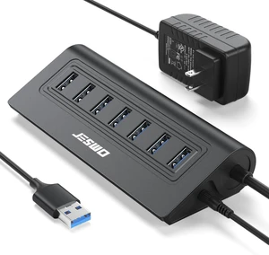 JESWO 7-Port Aluminum Powered USB 3.0 Hub, 5V/4A Adapter, 3.3ft Cable JESWO 7-Port Aluminum Powered USB 3.0 Hub, 5V/4A Adapter, 3.3ft Cable