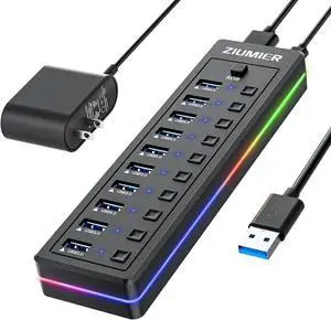 Powered USB Hub, 10-Port USB Splitter with RGB LED Strip Powered USB Hub, 10-Port USB Splitter with RGB LED Strip