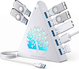 7-Port USB 3.0 Hub, White Vertical USB Hub Splitter with Tree-Shaped RGB Lighting, 5Gbps High-Speed Transfer, 2FT Extension Cable, Compatible with PC, MacBook, Laptop, Flash Drive, Printer 7-Port USB 3.0 Hub, White Vertical USB Hub Splitter with Tree-Shaped RGB Lighting, 5Gbps High-Speed Transfer, 2FT Extension Cable, Compatible with PC, MacBook, Laptop, Flash Drive, Printer