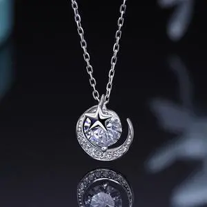 1 Carat Moissanite Necklace Moon & Star Pendant 925 Sterling Silver D Color VVS Clarity Round Heart Moissanite Diamond Necklace for Women