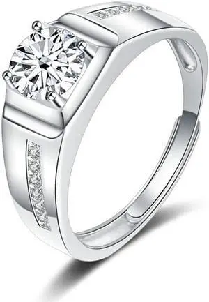 1 Carat D Color VVS1 Moissanite Men Rings S925 Sterling Silver Round Cut Diamond Engagement Rings for Men - Wedding Band Valentine's Day Birthday Gift with Certificate