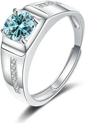 1 Carat D Color VVS1 Moissanite Men Rings S925 Sterling Silver Round Cut Diamond Engagement Rings for Men - Wedding Band Valentine's Day Birthday Gift with Certificate