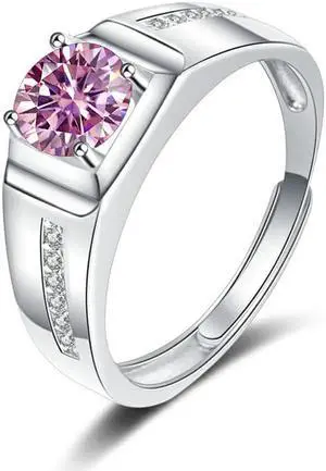 1 Carat D Color VVS1 Moissanite Men Rings S925 Sterling Silver Round Cut Diamond Engagement Rings for Men - Wedding Band Valentine's Day Birthday Gift with Certificate