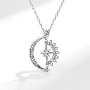 Sun & Moon White/Yellow/Rose Gold Pendant Necklace for Women S925 Sterling Silver Inlaid Cubic Zirconia Necklace - Wedding Engagement Valentine's Day Christmas Gift