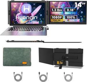 Hyangin S8 14" Portable Monitor for Laptop, Ultra-Slim 1080P IPS USB-C Screen Extender with Dual Screen, 100W PD Charging, 3×USB-C, CNC Aluminum, 4.5mm Thin, Lightweight for Travel, Gaming, Office
